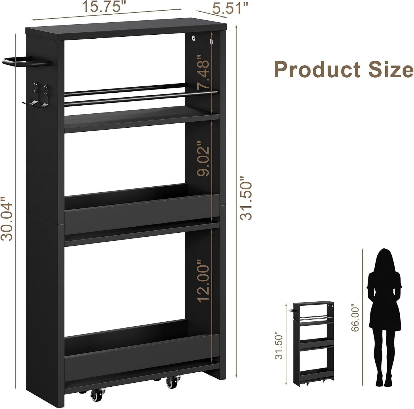 ChooChoo 4-Tier Slim Storage Cart, 7.87 inches Wide Narrow Storage Cabinet with 360° Wheels and 2 Hooks, Space-Saving Organizer for Kitchen, Narrow Places, Dining Room, Walnut+White