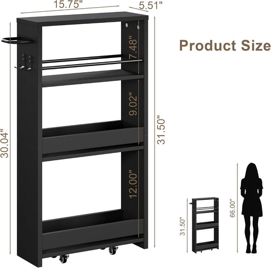 ChooChoo 4-Tier Slim Storage Cart, 7.87 inches Wide Narrow Storage Cabinet with 360° Wheels and 2 Hooks, Space-Saving Organizer for Kitchen, Narrow Places, Dining Room, Walnut+White