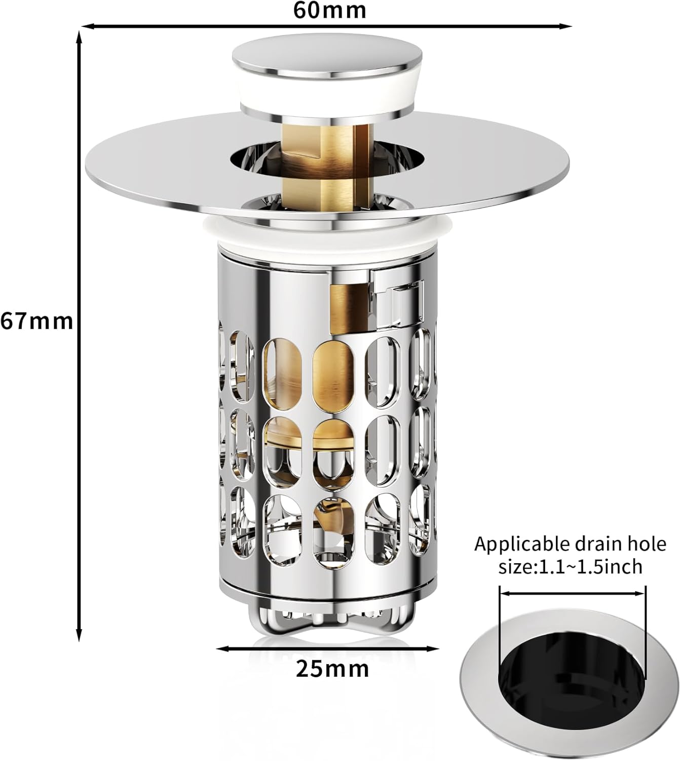 QYHNYJF Bathroom Sink Stopper with Hair Catcher – Universal Pop-Up Drain Strainer for 1.1–1.5 inch US Standard Sink Drain Holes, Anti-Clog Basin Stopper, Silver