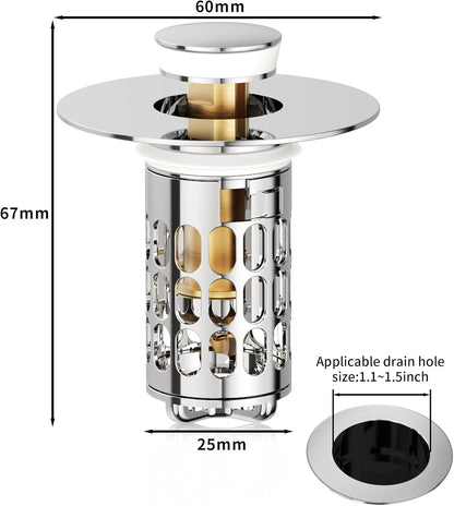 QYHNYJF Bathroom Sink Stopper with Hair Catcher – Universal Pop-Up Drain Strainer for 1.1–1.5 inch US Standard Sink Drain Holes, Anti-Clog Basin Stopper, Silver