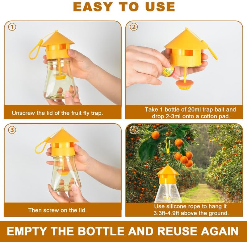 Outdoor Fly Traps with Natural Fruit Fly Bait Refill,Reusable Fruit Flies Trap Jar for Fruit and Vegetable Garden(Only Catch Fruit Trees and Melon Vines Fly)