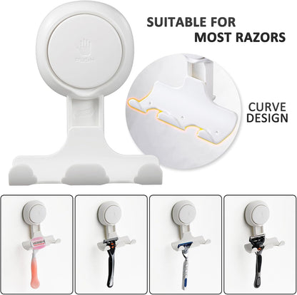 LEVERLOC Razor Holder for Shower 2 Pack, Powerful Suction Cup Shower Hooks for Towel, Loofah, Razor, Squeegee, Damage-Free Wall Hooks, Shaver Holder for Bathroom, Easy to Install and Reuse, White