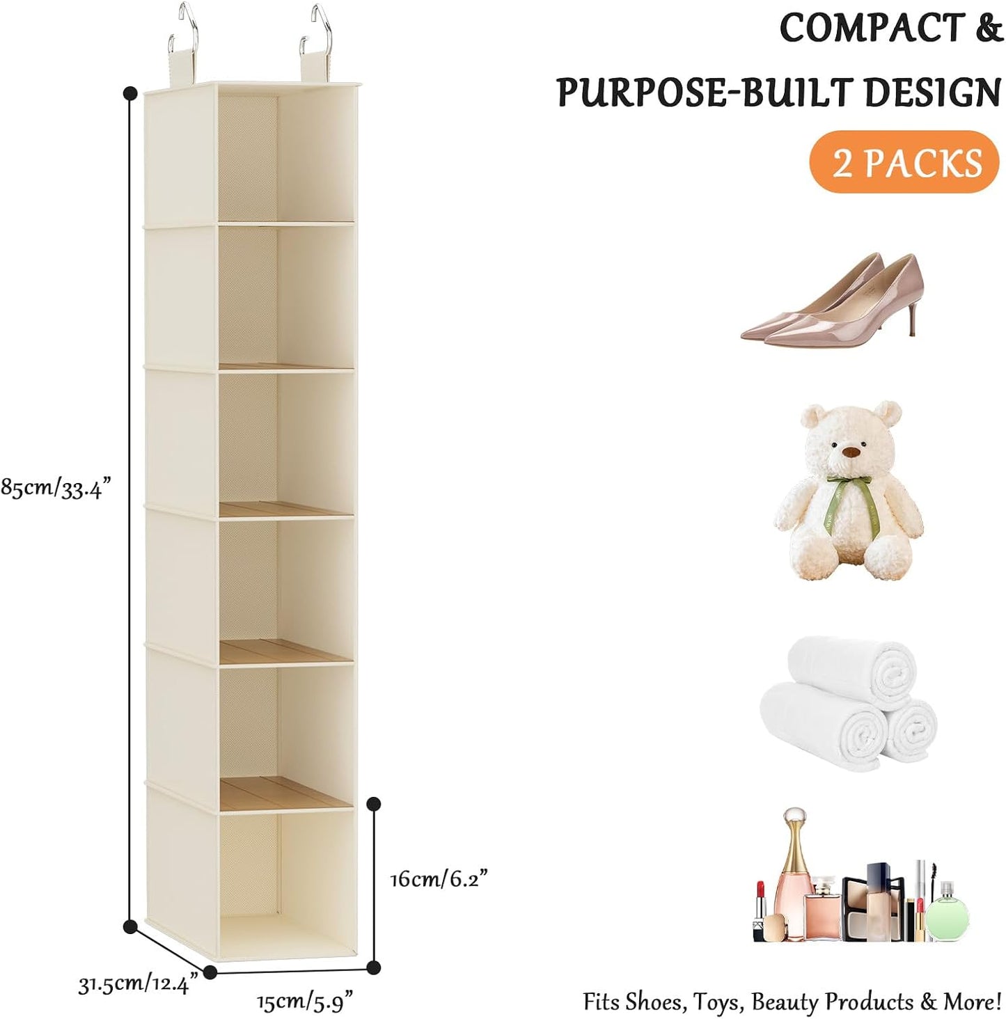 Hanging Shoe Organizer for Closet with 8 Shelves,Mesh Pockets-Wider Hanging Shelves for Shoes,Clothes,Hats with Sturdy Bamboo-Supported Design (Beige)