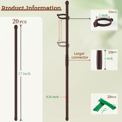 20Pcs Plant Support Stakes 17 inch SupKing Garden Orchid Sticks Extended to 3ft 4ft 5ft Plant Poles with Clips for Indoor Outdoor Potted Tomato Rose Amaryllis Vegetables Comes with 20 Ties（Green）