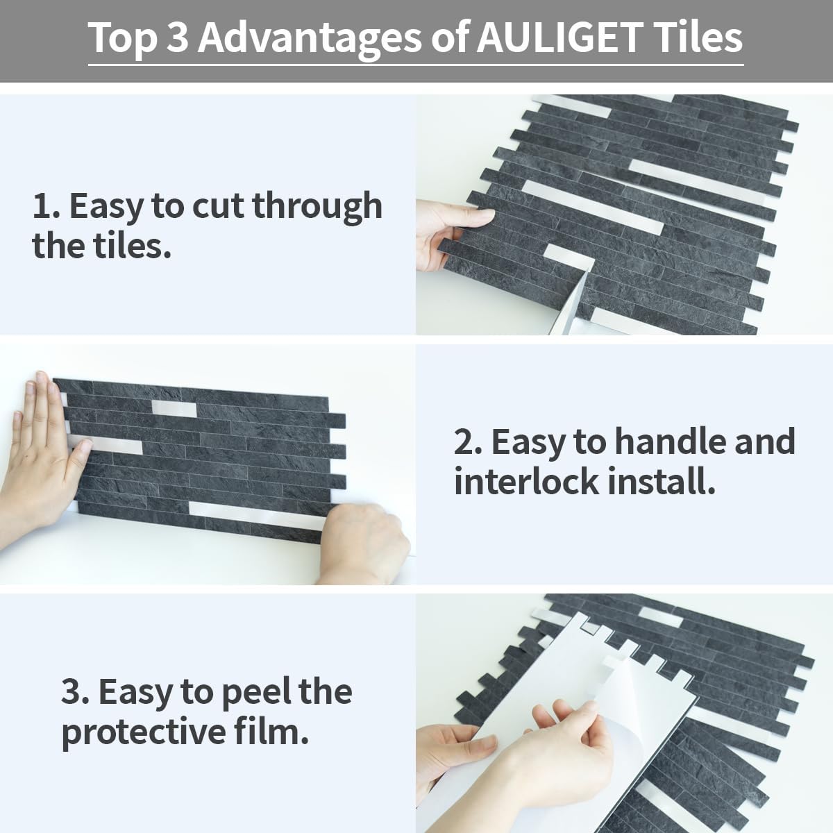 AULIGET 20 Sheets Peel and Stick Backsplash, Black & Grey Wood Look PVC Mixed Metal Stick on Backsplash Tiles for Kitchen