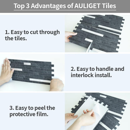 AULIGET 20 Sheets Peel and Stick Backsplash, Black & Grey Wood Look PVC Mixed Metal Stick on Backsplash Tiles for Kitchen