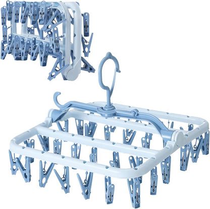 Foshine Clothes Drying Racks Foldable Clip Hangers Plastic with 32 Clips | Clip Hangers Wind-Proof Hook Underwear Hanger For Socks Bras Blue