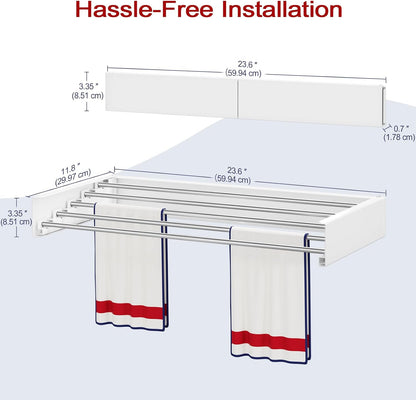 Wall Mounted Drying Rack 31.5", Foldable Laundry Drying Rack with Stainless Steel Rods, Retractable Laundry Space Saver for Indoor & Outdoor Use, Include Wall Template