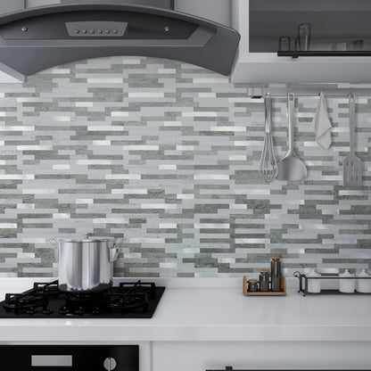 AULIGET 20 Sheets Peel and Stick Backsplash, Black & Grey Wood Look PVC Mixed Metal Stick on Backsplash Tiles for Kitchen