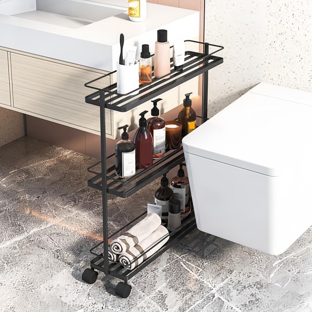 3-Tier Narrow Rolling Storage Cart Metal Utility Rack with Wheels Space-Saving Organizer for Bathroom Kitchen Laundry Room Long-Lasting(Gold)