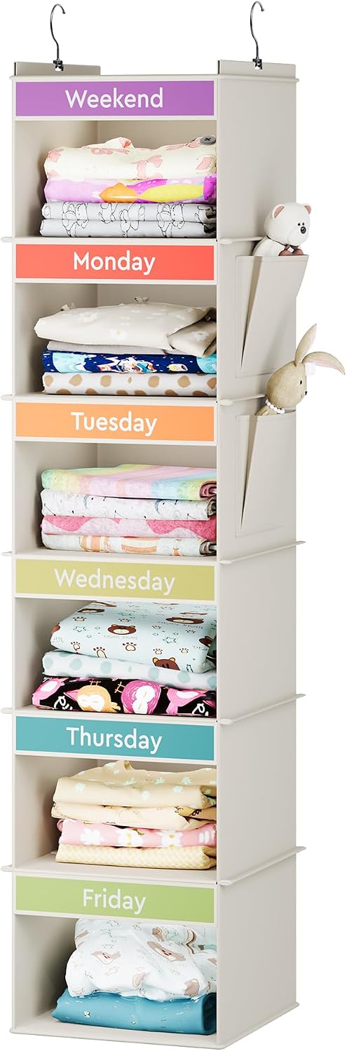 YOUDENOVA 6-Shelf Weekly Hanging Closet Organizer, Weekly Clothes Organizers for Kids with 2 Side Pockets, Pink