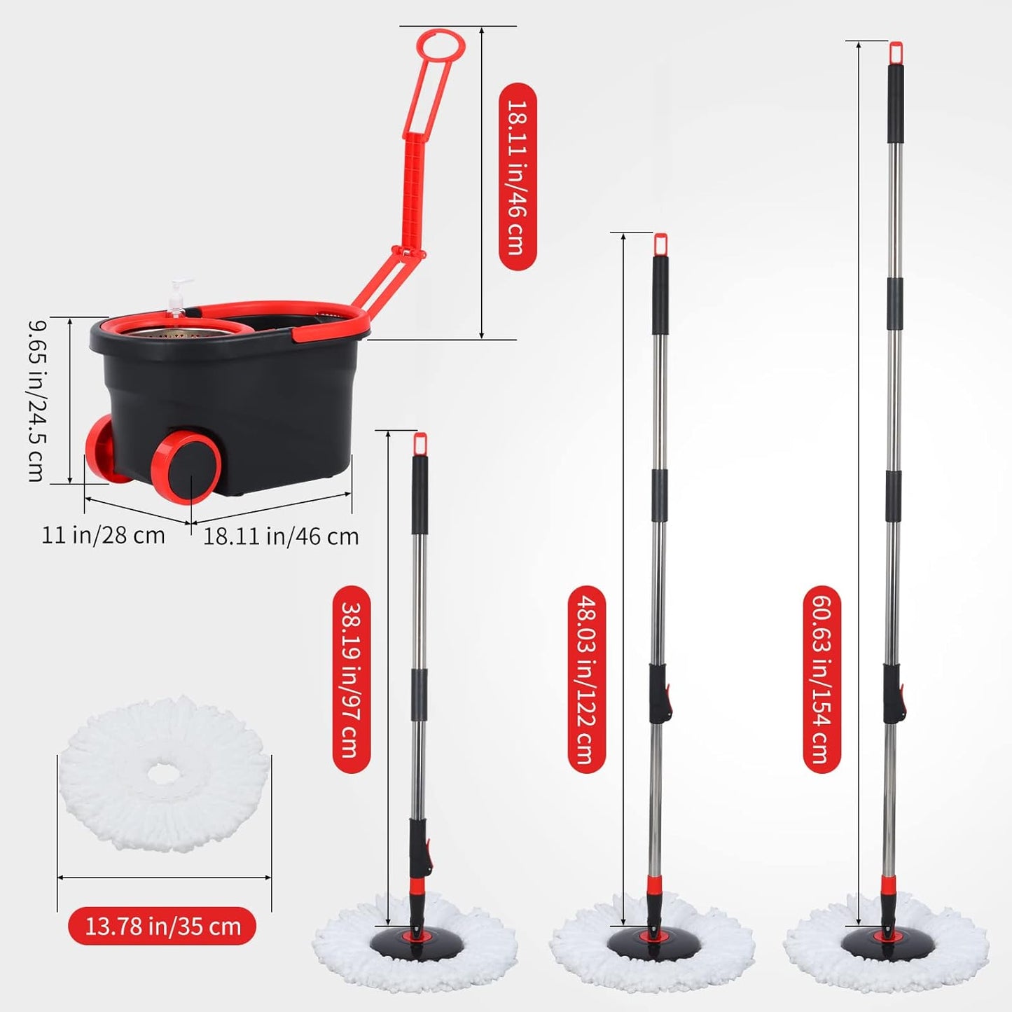 Spin Mop and Bucket with Wringer Set, 360° Spinning Mop Bucket System with 3 Microfiber Mop Replacement Heads and 50" Stainless Steel Adjustable Handle for Floor Cleaning