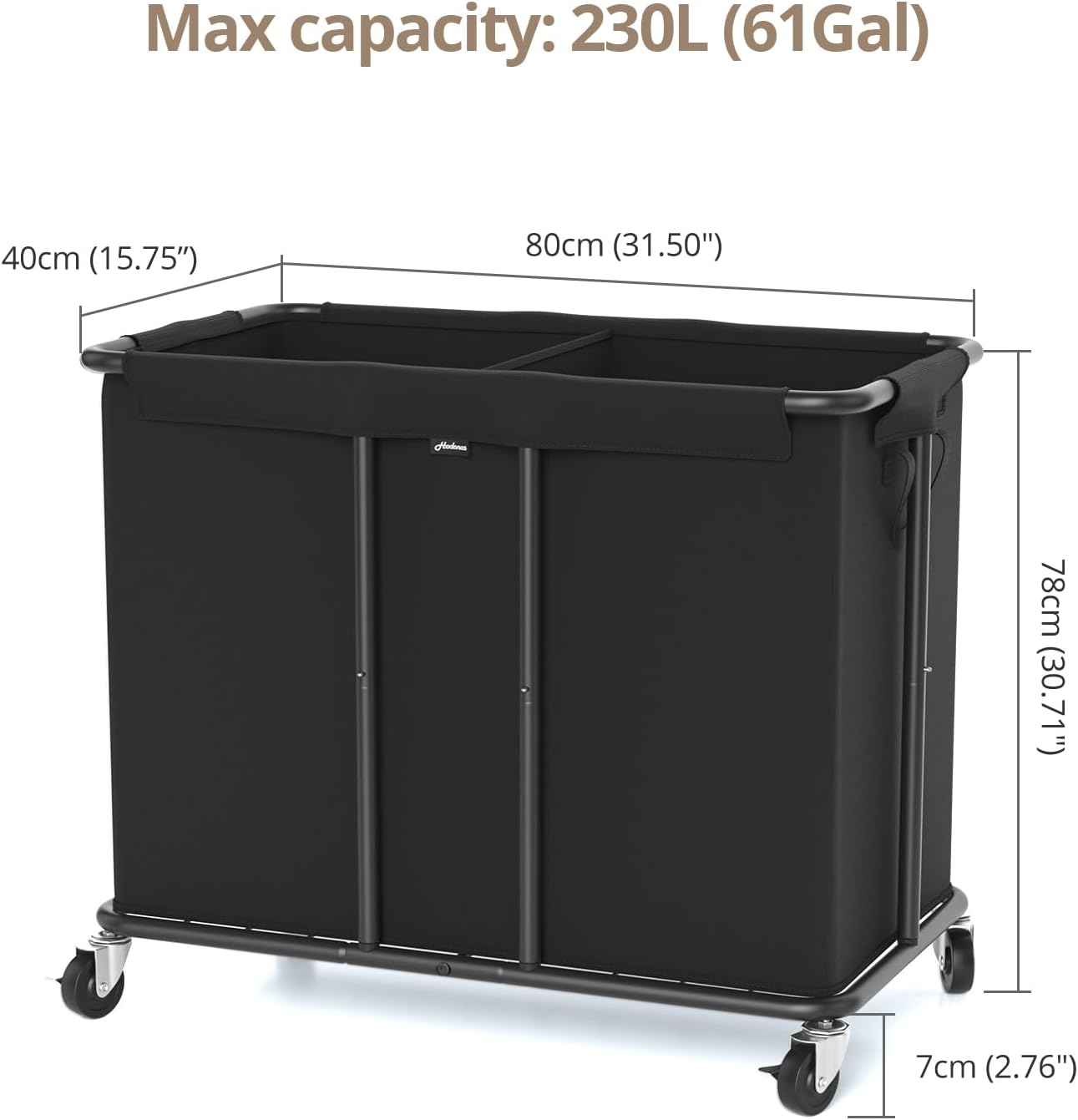 Hodonas Laundry Hamper with Wheels, 2-Section 230L (61Gal) Large Capacity, Heavy-Duty Rolling Clothes Basket with Silent Rubber Casters & Detachable Oxford Bags for Home, Black, 31.5"Lx15.75W"x30.7"H