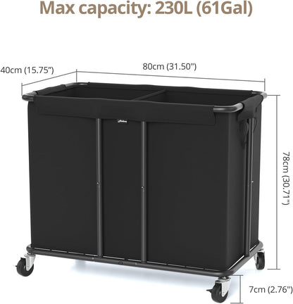Hodonas Laundry Hamper with Wheels, 2-Section 230L (61Gal) Large Capacity, Heavy-Duty Rolling Clothes Basket with Silent Rubber Casters & Detachable Oxford Bags for Home, Black, 31.5"Lx15.75W"x30.7"H