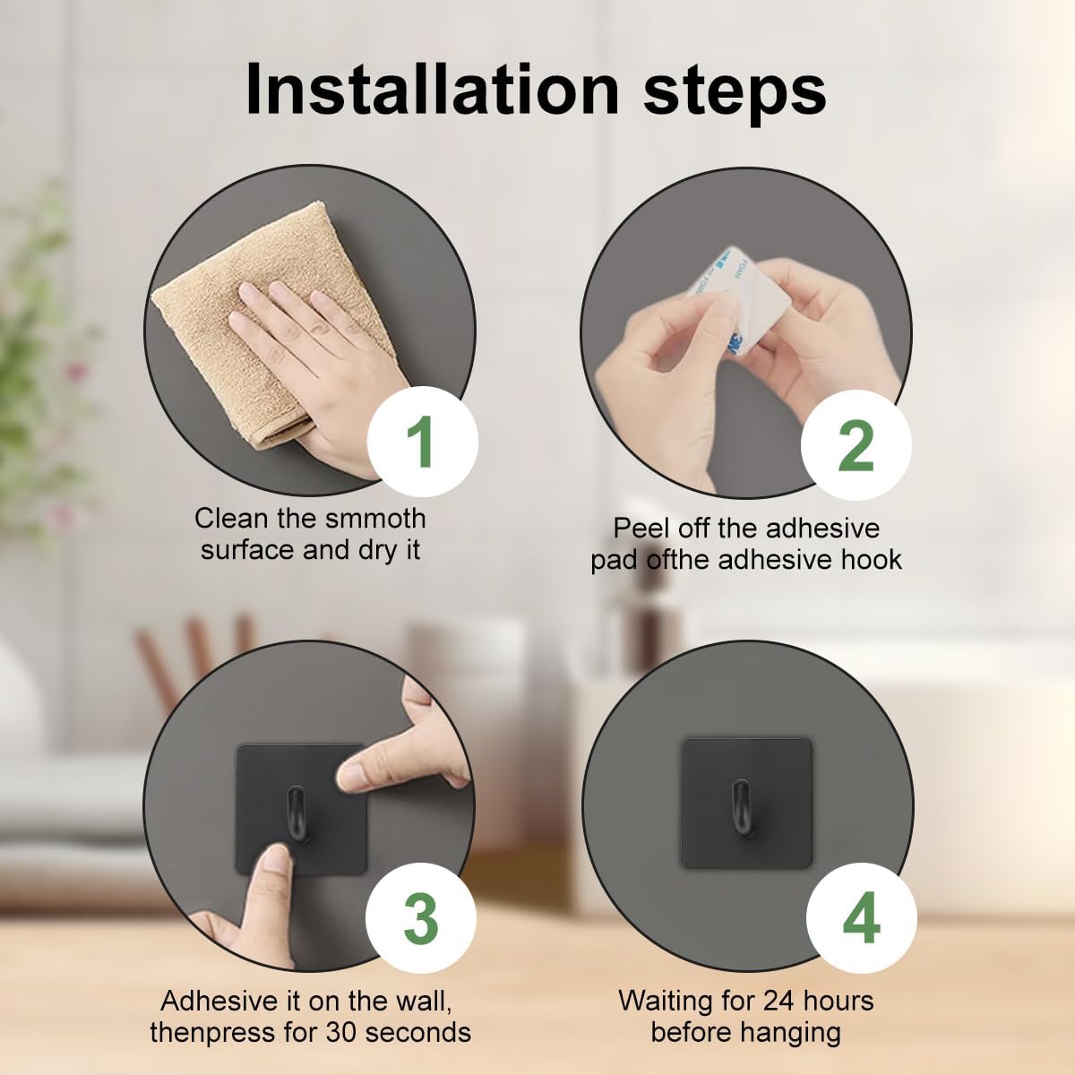4 Pcs Stainless Steel Adhesive Hooks, Heavy Duty Waterproof in Shower Hook for Hanging Loofah, Towels, Clothes, Robes for Bathroom Removable Adhesive Wall Door Hangers, Black