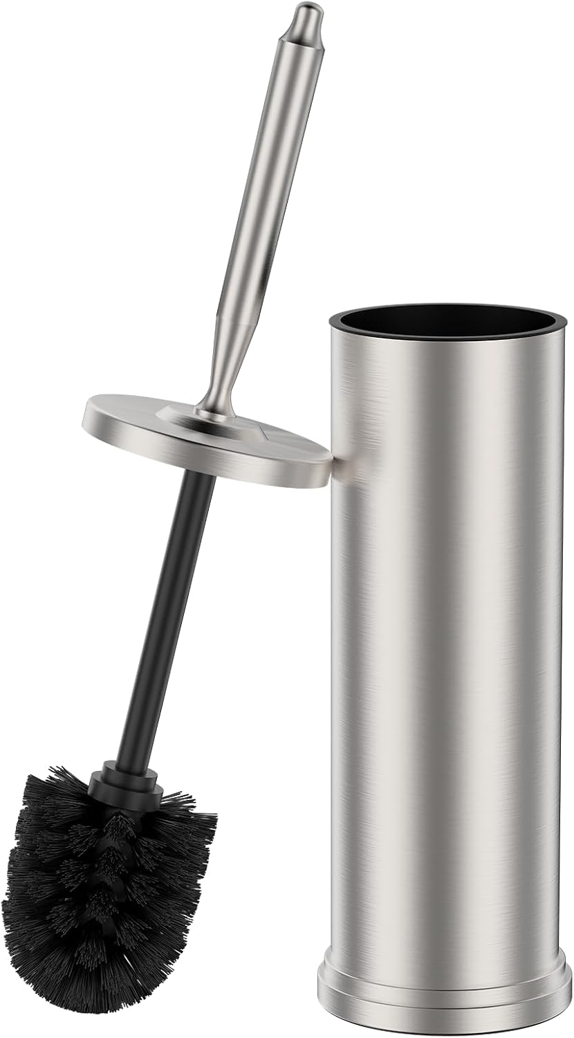 Stainless Steel Toilet Brush and Holder Set : Weighted Stable Base, Removable Inner Tube.Long Handle Toilet Bowl Brush Splash-Proof Design for Deep Cleaning & Space-Saving Storage,Nickel