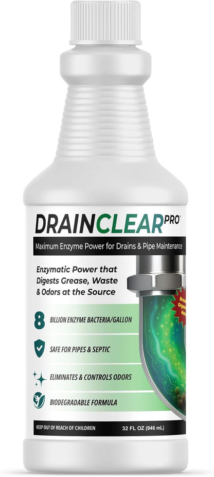DrainClear Pro Enzyme Drain Cleaner 32oz - Enzymatic Liquid Hair and Grease Clog Remover, Kitchen Sink, Bathroom, and Shower Drain Cleaner, Pipe Maintainer, Septic Safe Enzyme Cleaner and Treatment