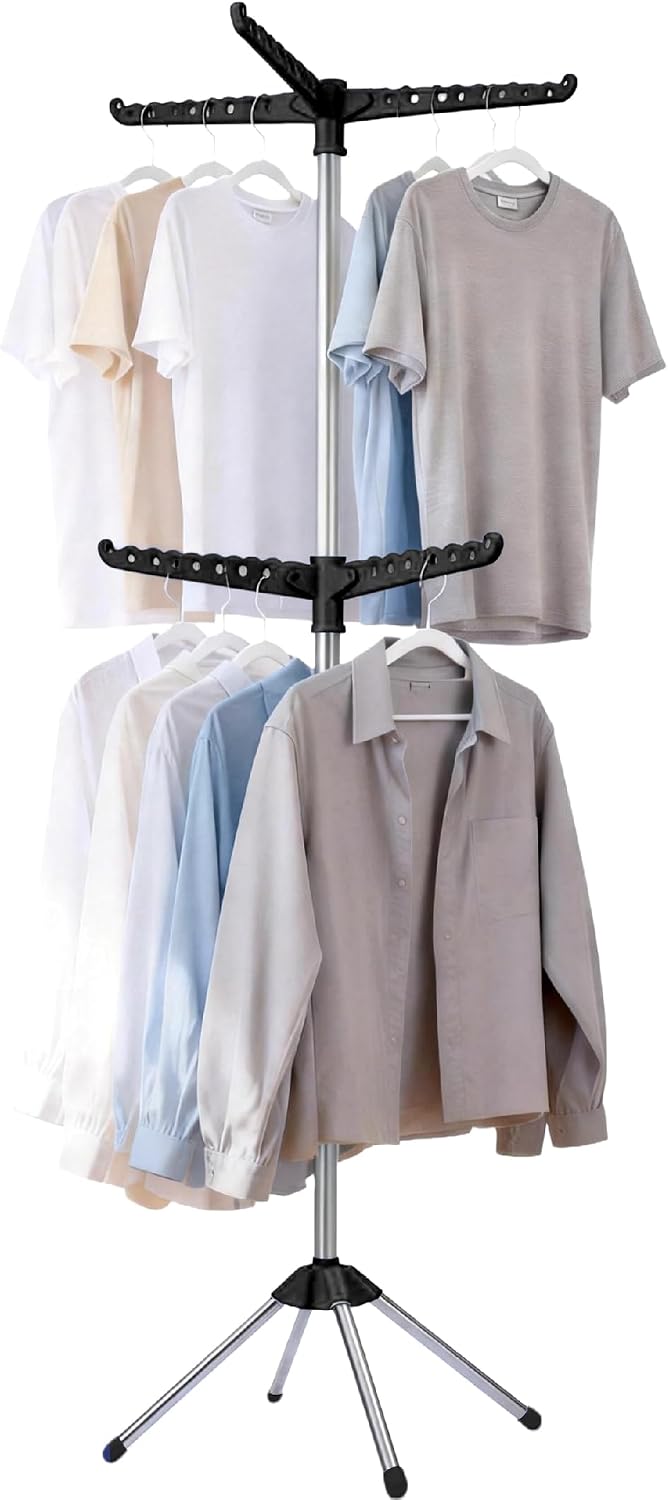 Beaudaily Clothes Drying Rack, Foldable 79.5-Inch Laundry Drying Rack,3 Tie, with Rotatable Arms, Stainless Steel, Holds 27 Clothes,8 Towels and 24 Clips for Hanging Socks, White and Silver