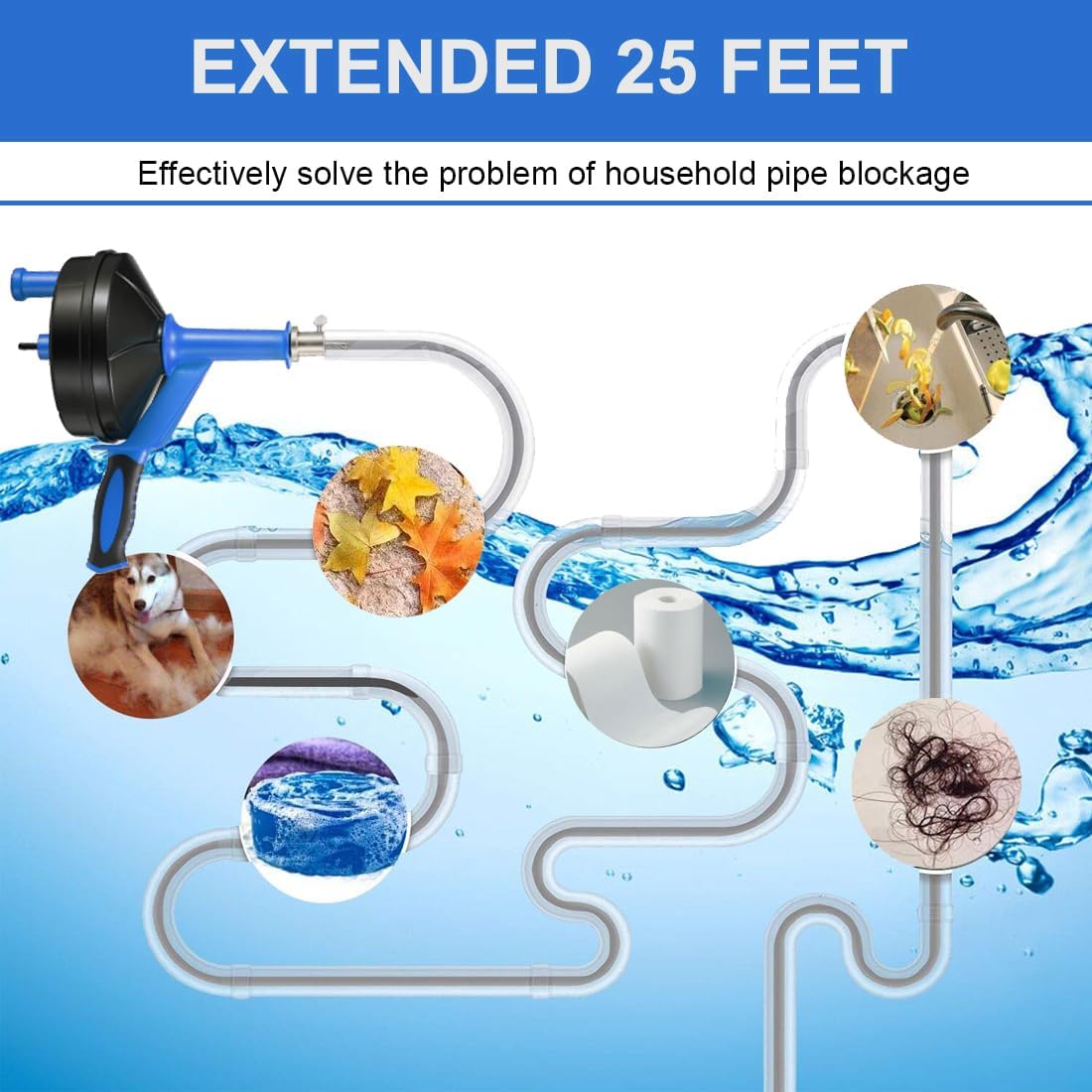 Drain Auger, Clog Remover with Drill Adapter, 25 Feet Flexible Plumbing Snake Use Manually or Powered for Kitchen, Bathroom and Shower Sink, Comes with Gloves (blue)