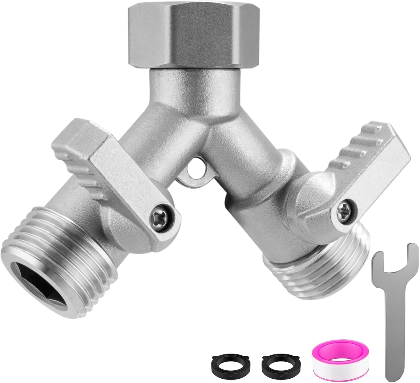 4 Way Garden Hose Splitter, 304 Stainless Steel Outdoor Faucet Splitter with 4 Individual Shut Off Valves, 3/4" GHT High Flow Hose Bib Spigot Connector