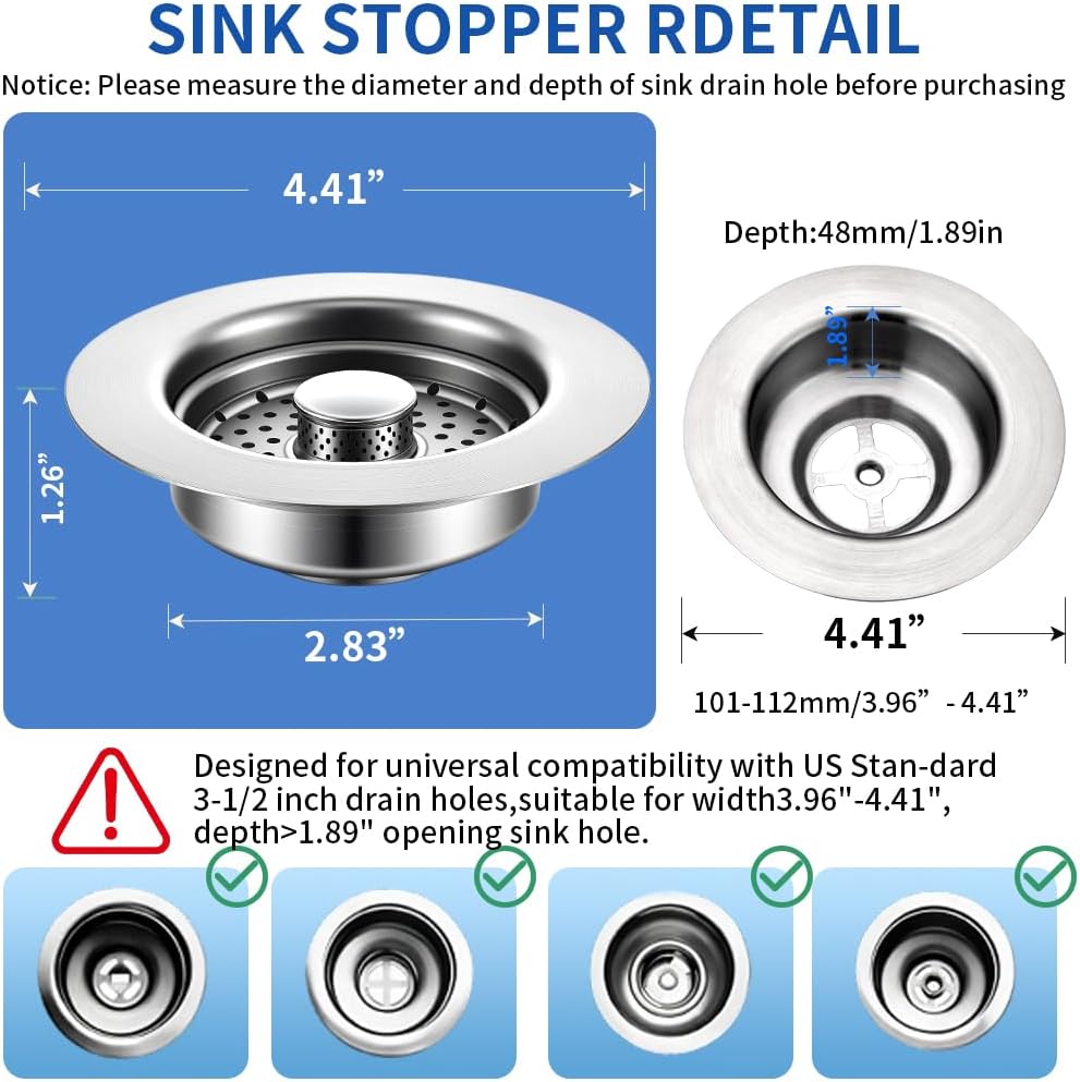 Sink Drain Strainer - Sink Stopper, 3-in-1 Kitchen Stainless Steel Drain Plug with Anti-Clog Basket, Pop-Up Cover