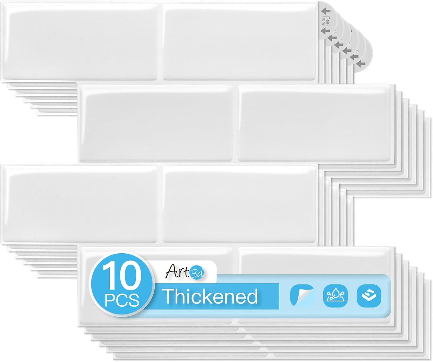 Art3d Peel and Stick Backsplash, 10-Pack Thickened Stick on Subway Tiles, Faux Ceramic Tiles for Kitchen, Bathroom, Black