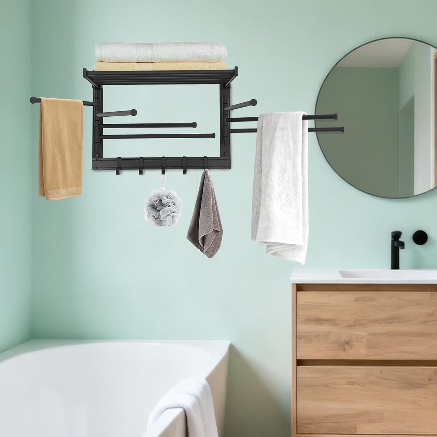 Wall-Mounted Steel Clothes Drying Rack,Bathroom Towel Shelf,Swivel Towel Hanger for Laundry Room Space Saver (Black)