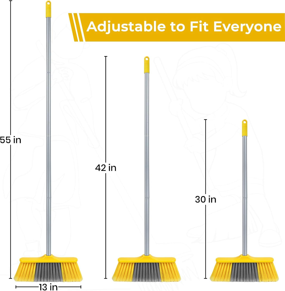 Indoor Broom for Floors 55” Soft Bristle Brooms for Sweeping Indoor/Outdoor to Clean Kitchen, Lobby, Office, Hardwood, Tile, Concrete, Patio, Deck-Yellow