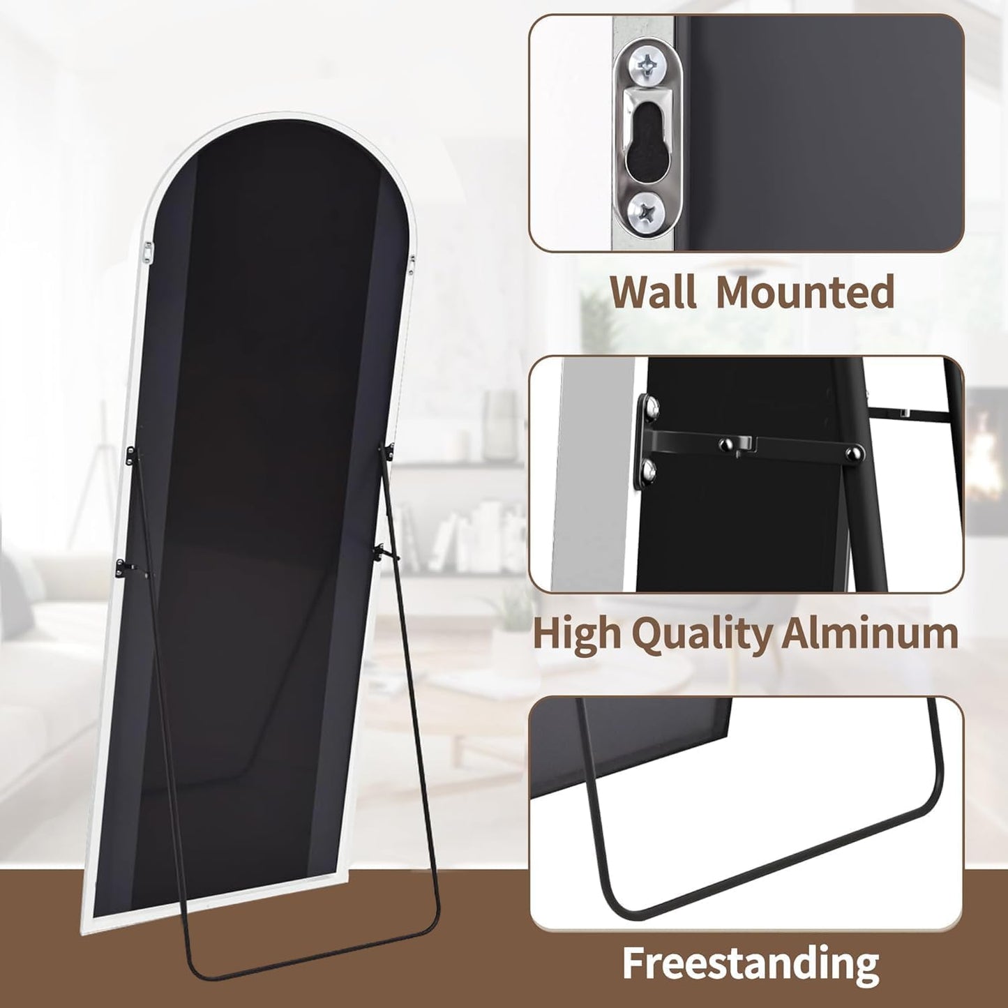 OGCAU Floor Full Length Mirror, 56"x20" Arched Full Body Mirror, Hanging or Leaning, Standing, Wall Mounted with Aluminum Frame for Bedroom Living Room, White