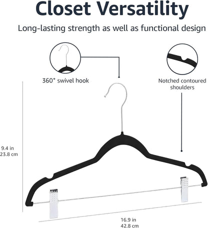 Amazon Basics Velvet Non-Slip Skirt Clothes Hangers with Clips, 360 Degree Rotatable Hook, Organize Pants and Skirts, Black/Silver, 24-Pack