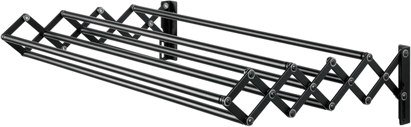 mDesign Steel Wall Mount Accordion Expandable Retractable Clothes Air Drying Rack - 8 Bars for Hanging Garments - Mounted Organizer for Laundry/Utility Room, Bathroom, Garage, Bardo Collection, Black