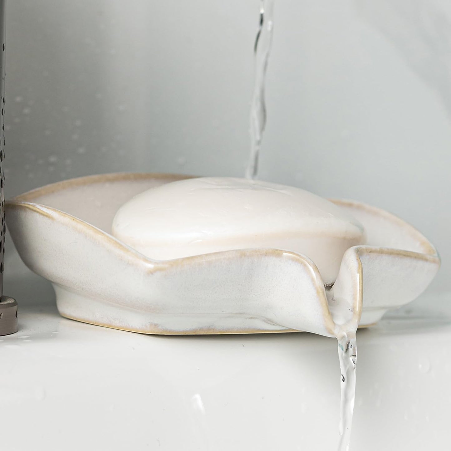 Self Draining Soap Dish, Ceramic Drain Soap Holder Waterfall Design Soap Saver for Shower, Bathroom, Sink, Kitchen and Countertop, Keeps Dry, Green