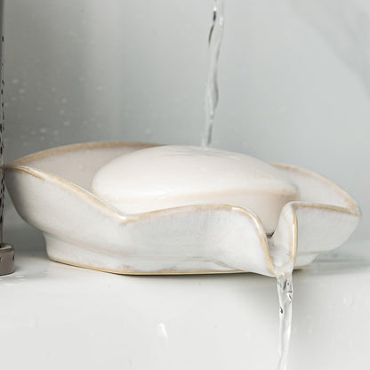 Self Draining Soap Dish, Ceramic Drain Soap Holder Waterfall Design Soap Saver for Shower, Bathroom, Sink, Kitchen and Countertop, Keeps Dry, Green