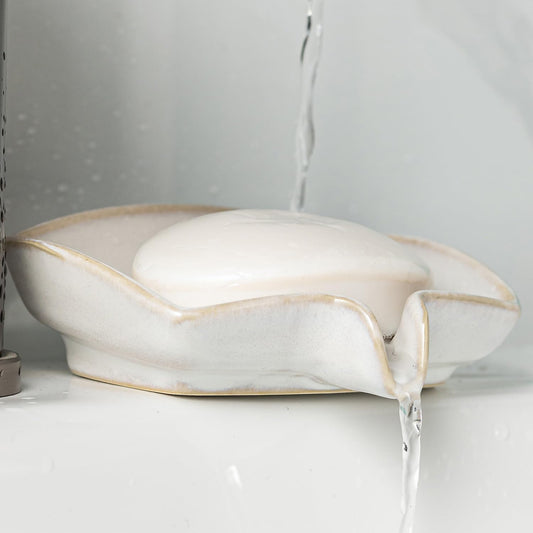 Self Draining Soap Dish, Ceramic Drain Soap Holder Waterfall Design Soap Saver for Shower, Bathroom, Sink, Kitchen and Countertop, Keeps Dry, Green