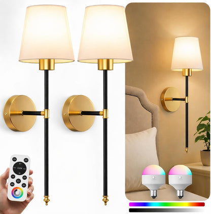 IRONPAX Wall Sconces Battery Operated Set of 2, Wireless Rechargeable Wall Sconce Set of Two, Dimmable Wall Lights with Remote for Bedroom Living Room Hallway Decor (Gold, Fabric Shade)