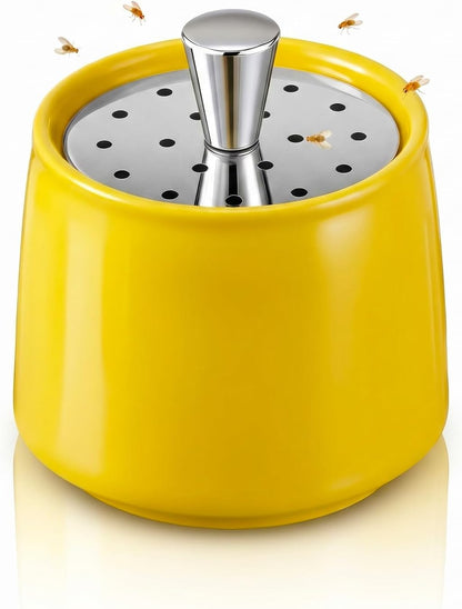 Ceramic Fruit Fly Trap for Indoors, Reusable Kitchen Fly Catcher with Stainless Steel Vent Lid, Uses Safe & Natural Vinegar Bait Trap, Dishwasher Safe, Easy to Use (White,1 Pack)