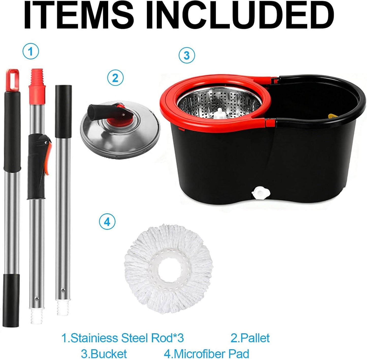 Spin Mop and Bucket with Wringer Set, 360°Rotating Head Mop Bucket System, 3 Replacement Mop Heads for Floor Cleaning (Black & Red) (Three mop Heads)