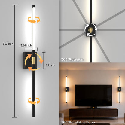 Battery Operated Wall Sconce Set of Two - 10000mAh Cordless Rechargeable Wall Sconces with Remote & Touch Control, 360°Rotate, 4CCT Dimmable Gold Wall Lights for Bedroom Living Room, 31.5 inch
