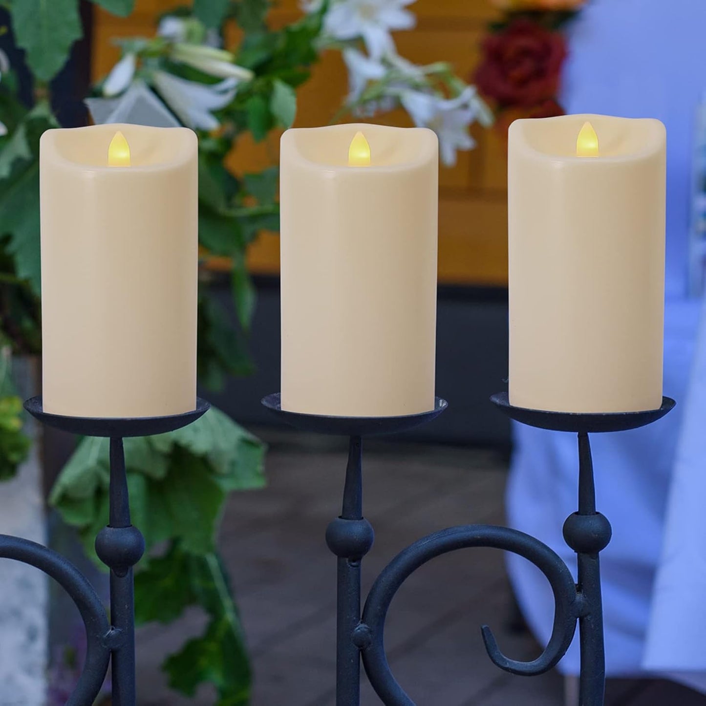Flameless Flickering Candles with Remote and Timers, 1000 Hours Waterproof Outdoor Indoor Battery Operated LED Pillar Candles, Ivory Plastic, Set of 3(D 3" x H 4" 5" 6")