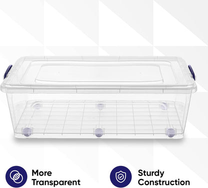 Superio Under Bed Storage Containers with Wheels (2 Pack), Flat Clear Storage Bin Stackable Large Storage Latch Box with Lids Store Cloths, Bedding, Linen, For Under The Bed, Garage, Home