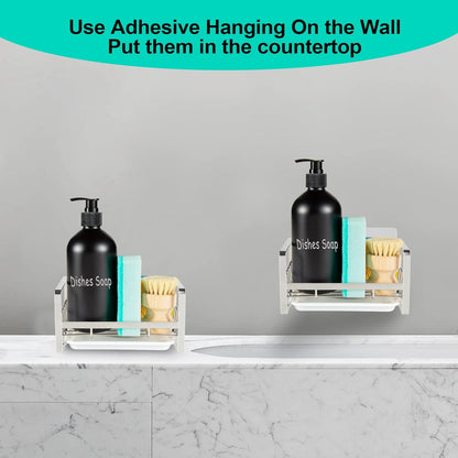 TEZZ Sponge Holder for Kitchen Sink- Stainless Steel Kitchen Sink Caddy for Organizing Sponge, Brush & Soap Dish Dispenser, coutertop Organizer Rack with Adhesive or Counter top, Black