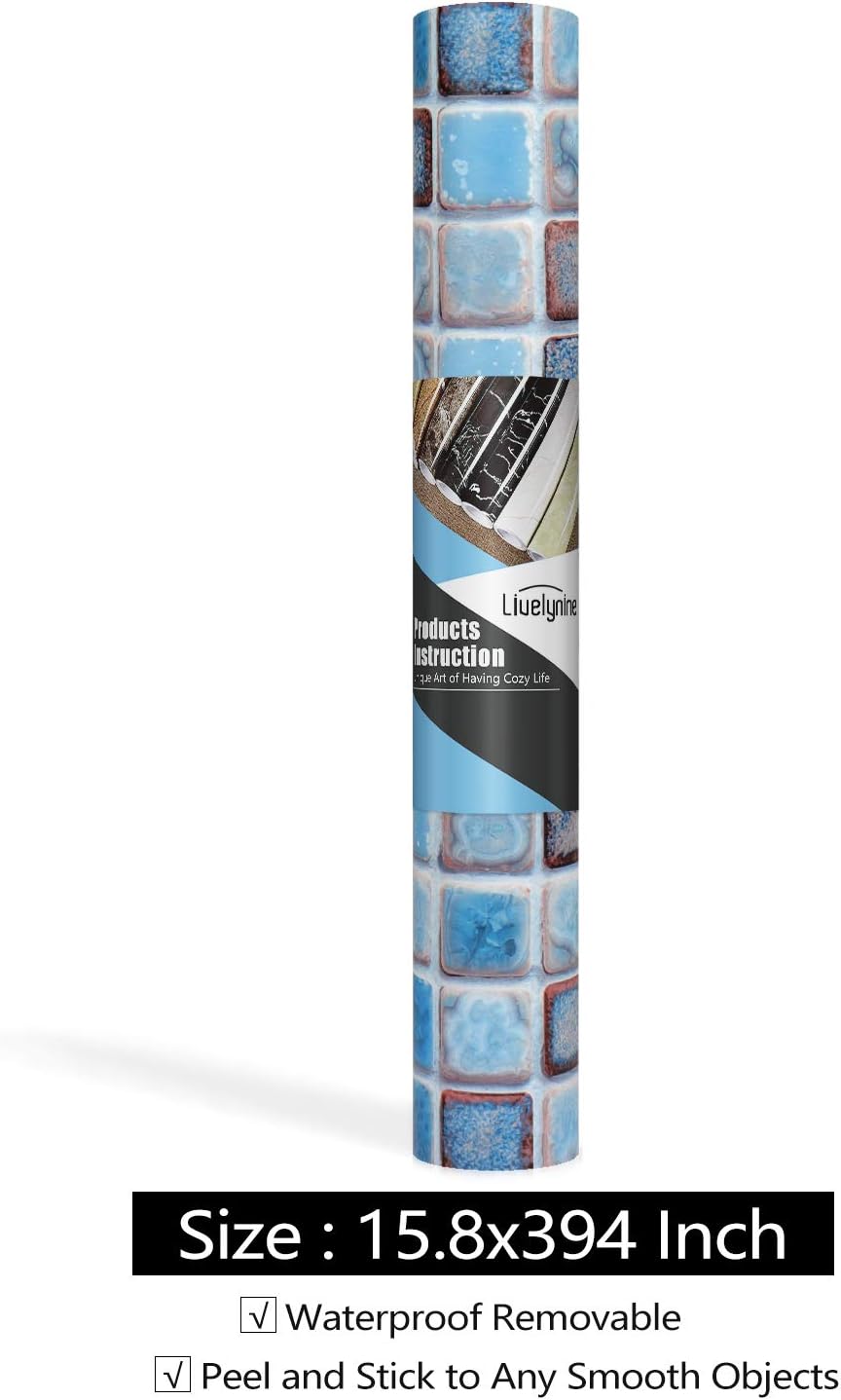 Livelynine Waterproof Wallpaper for Bathroom Shower Wall Decorative Contact Paper Self Adhesive for Furniture Stickers Kitchen Backsplash Tiles Peel and Stick Counter Removable Blue Mosaic 15.8"x78.8"