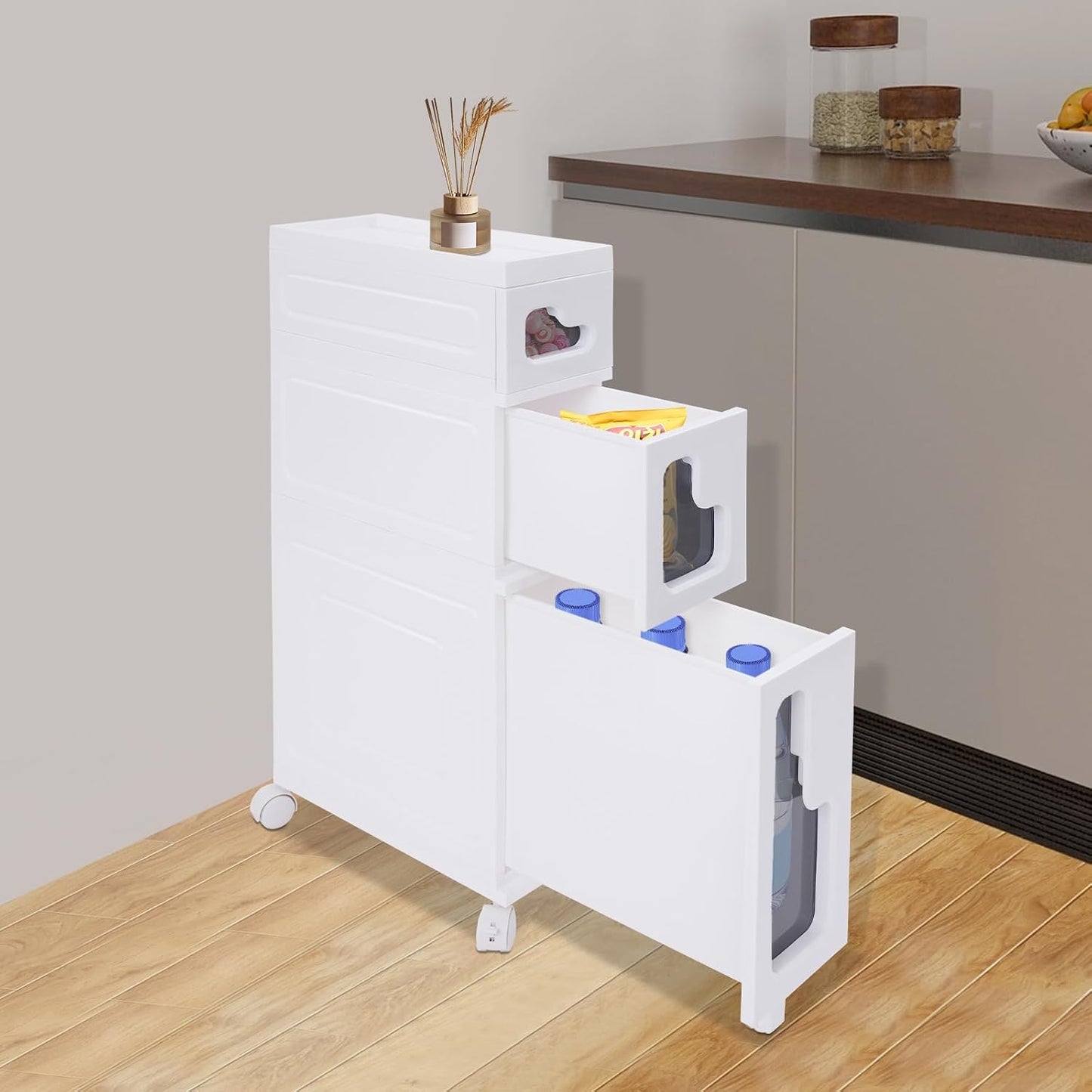 1 Tier Slim Bathroom Storage Cabinet, 15.7" L X 6.3" W X 16.9" H Slim Rolling Cart, 66.14 Lbs Load-Bearing Capacity Narrow Storage Cabinet for Living Room, Kitchen, Bathroom, Office