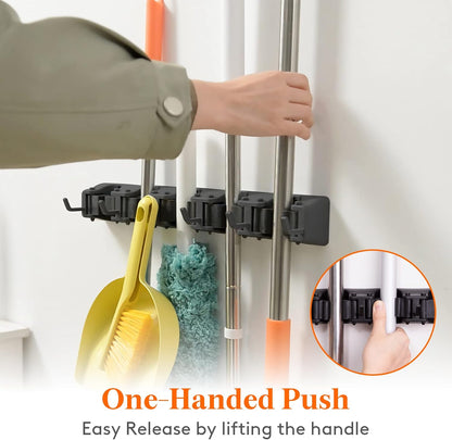 Lifewit Mop and Broom Holder Wall Mount, Anti-Slip Broom Hanger for Cleaning Supplies Organizer, Easy Install Tool Hanging Rack for Closet, Kitchen, Garage, 5 Slot 6 Hooks, Hold 30lbs, Black, 1 Pack