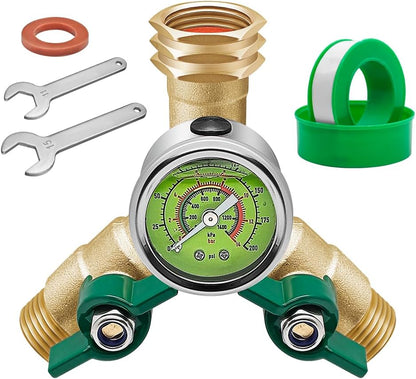 Brass Garden Hose Splitter Full Flow, Hose Splitter 2 Way Heavy Duty, Large Rotate Grip Handles Hose Y Splitter with Shutoff, Garden Hose Splitter with 0-200 PSI Pressure Gauge, 3/4" GHT Threads