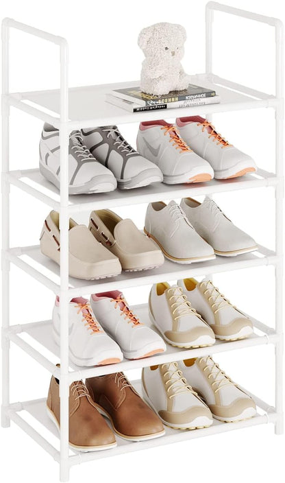Small Shoe Rack 6-8 Pairs Sturdy Shoe Shelf 4-Tiers Narrow Stackable Shoe Organizer,Lightweight Kids Shoe Racks for Entryway, Doorway and Closet（Black）