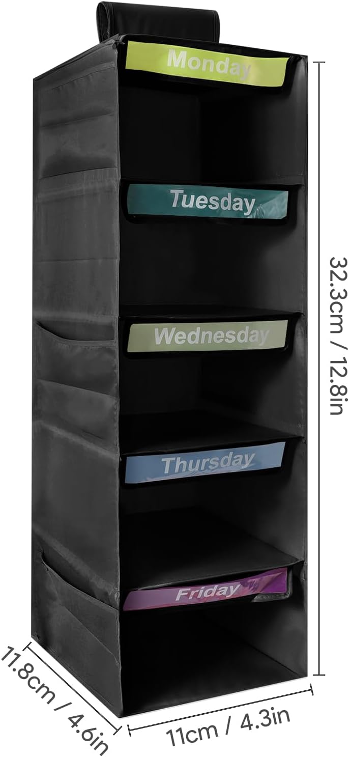 5-Shelf Weekly Clothes Organizer for Kids Days of The Week Hanging Storage Shelves Dorm Room Essential Daily Shelf Hanging Closet Organizer with 6 Side Pockets…