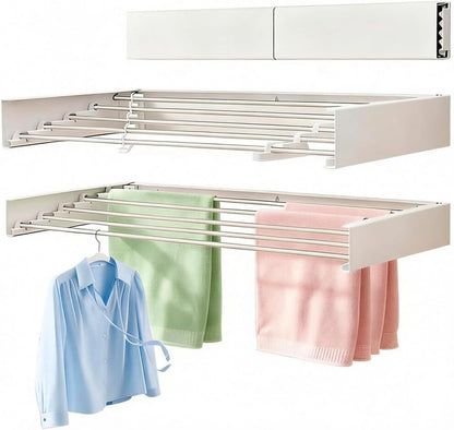 Wall Mounted Clothes Drying Rack 32", Collapsible Space Saving Laundry Drying Rack with 50 lb Capacity, Laundry Room Organization for Clothes, Foldable, 5 Rods, White