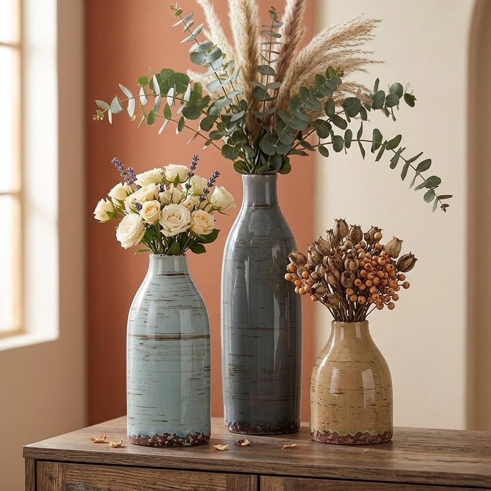 Ceramic Vase Set of 3, Small Flower Neutral Vases Home Decor, Pottery Rustic Farmhouse Decorative Vases, Modern Decor for Table Mantel Entryway Bookshelf Living Room Kitchen Bedroom