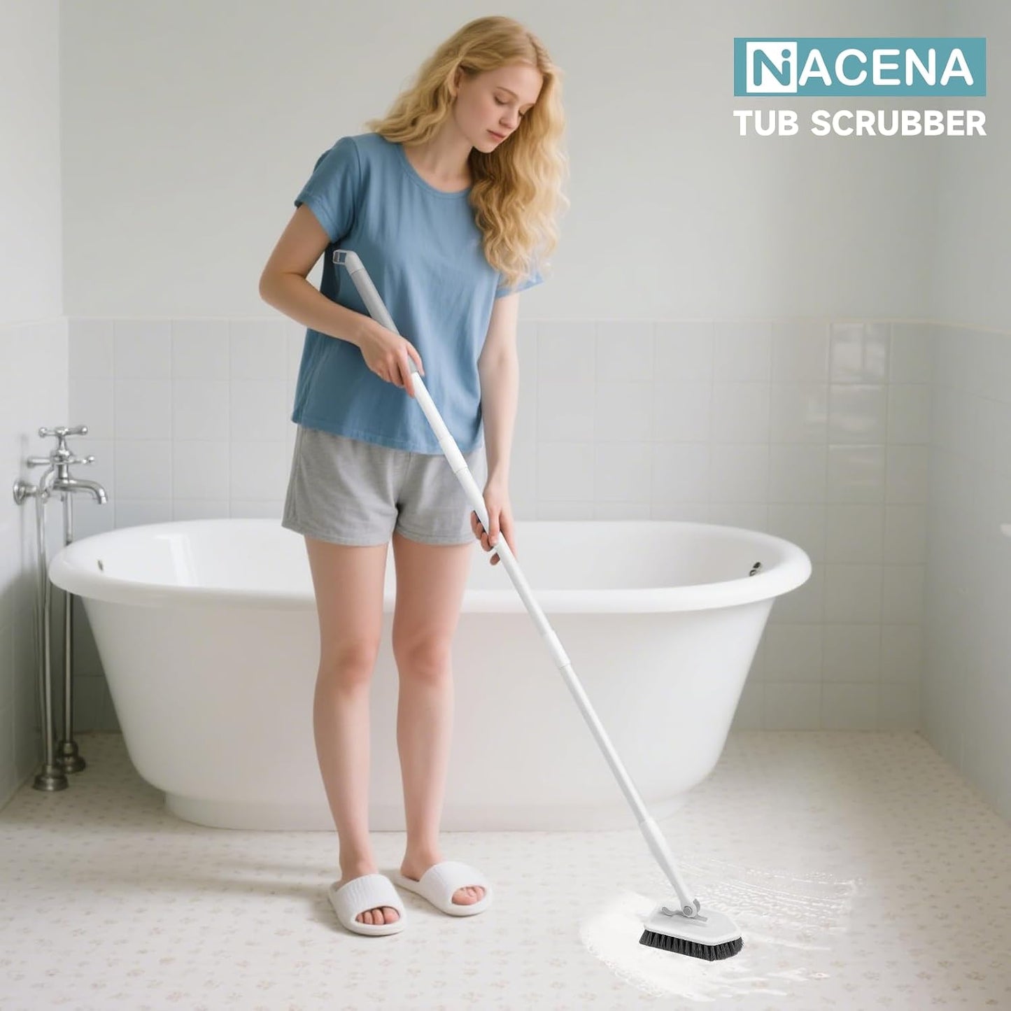 nacena Shower Scrubber with Long Handle, 3 in 1 Tile Tub Scrubber Brush with 3 Detachable Cleaning Heads Adjustable Handle Shower Cleaner Brush for Bathroom, Kitchen, Toilet, Wall, Sink, Grey White